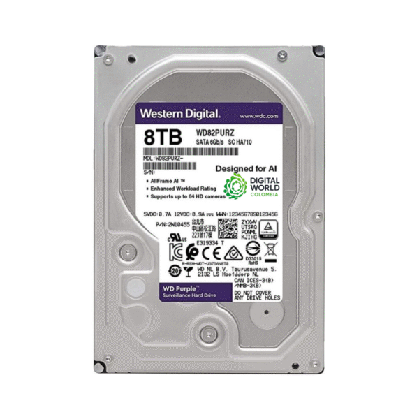 Disco Duro 8TB para DVR Western Digital Purple 3.5" SATA 3 6G WD84PURZ
