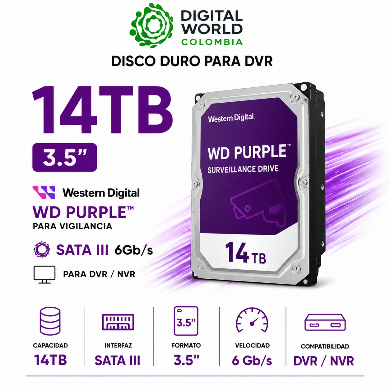 Disco Duro 14TB para DVR Western Digital Purple 3.5" SATA3