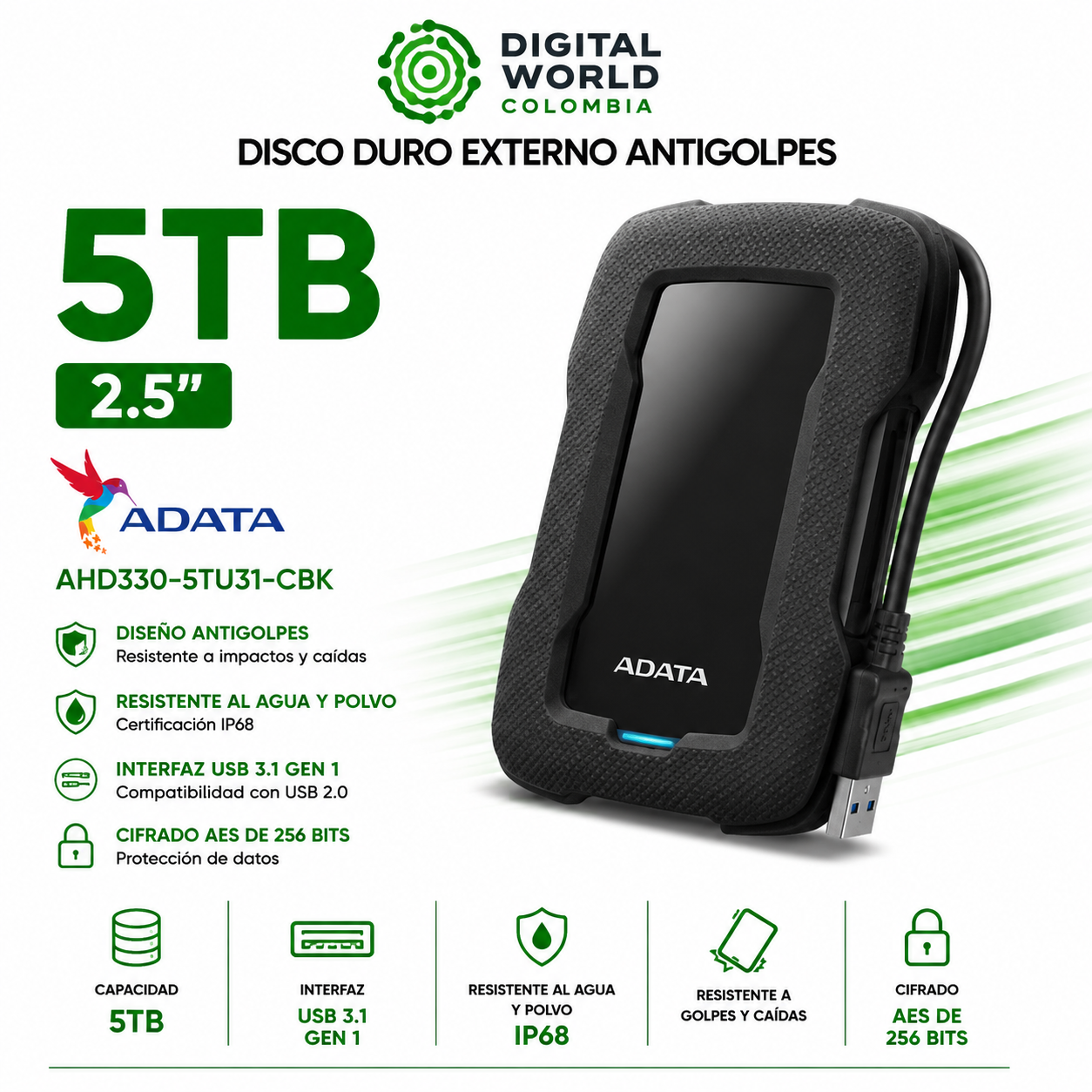 Disco Duro Externo AntiGolpes 5TB ADATA AHD330-5TU31-CBK