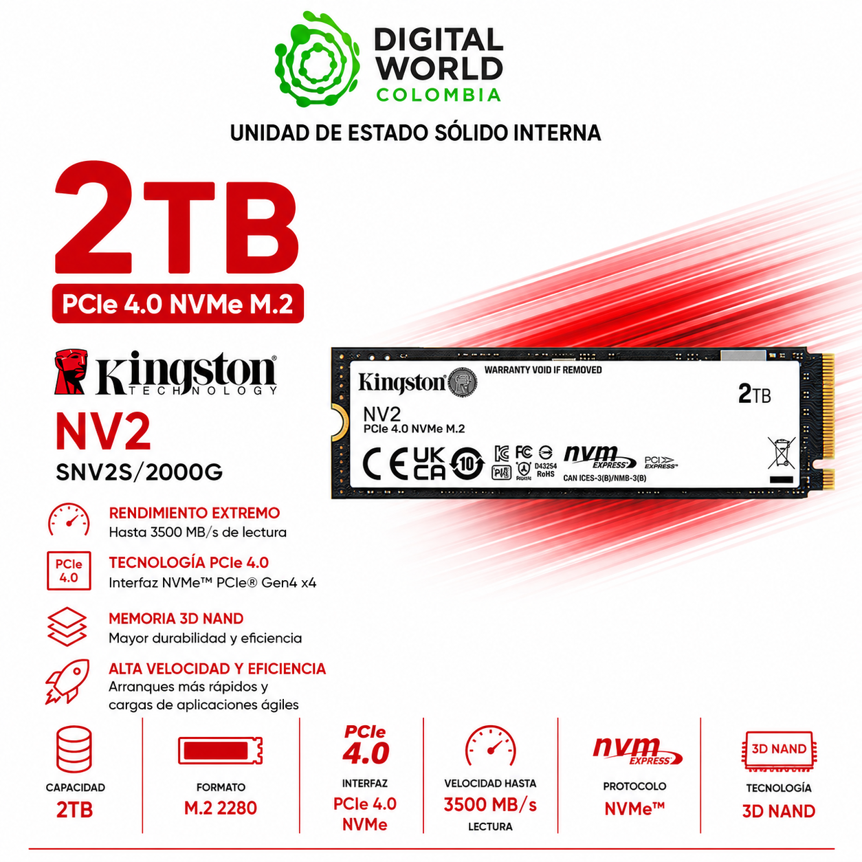 Disco Solido M.2 2TB Kingston 4x4 Nvme SNV2S/2000G