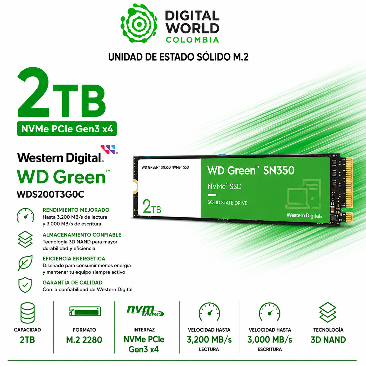 Disco Solido M.2 2tb Western Digital Green Nmve WDS200T3G0C