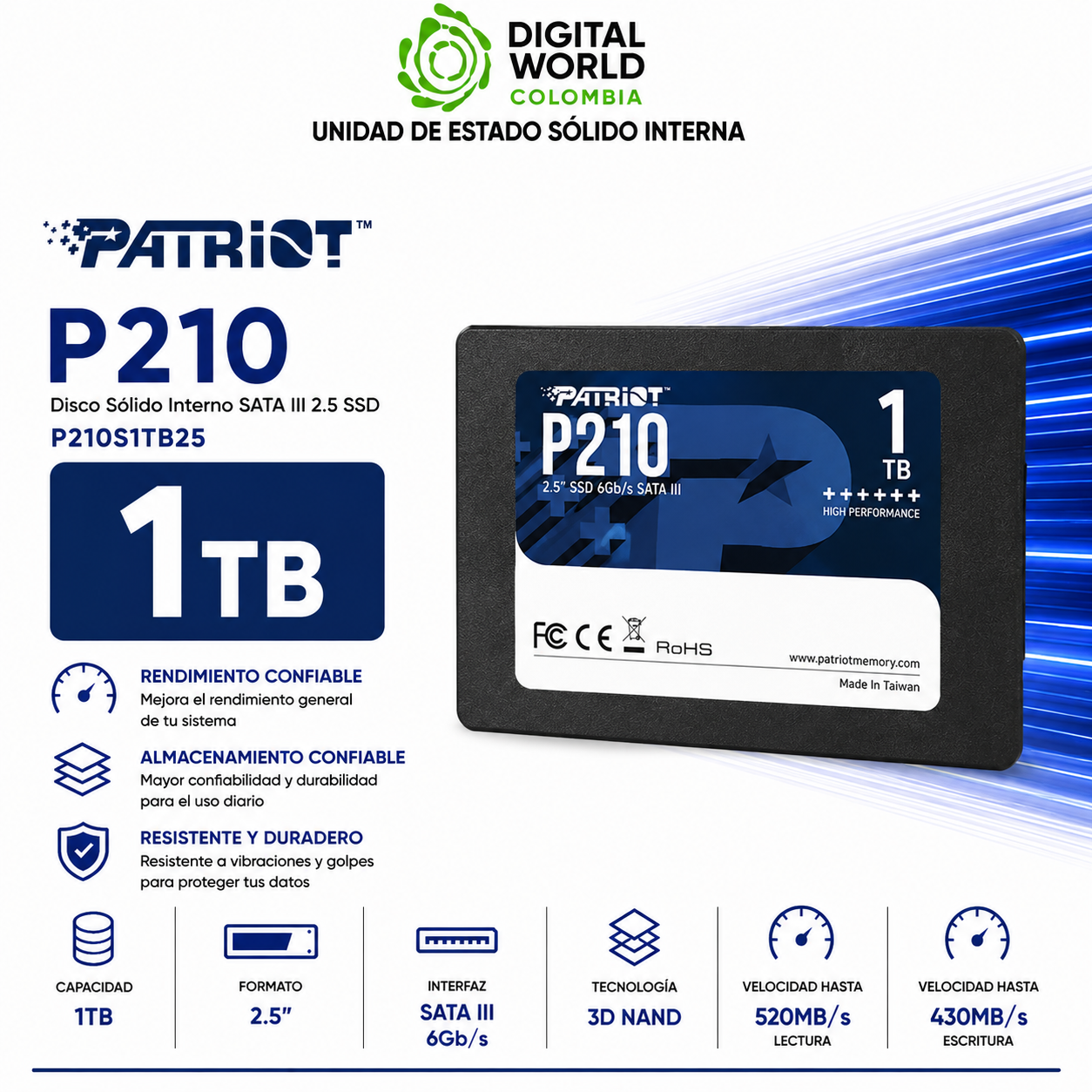 Disco Sólido Patriot P210 1TB SATA III 2.5 SSD P210S1TB25