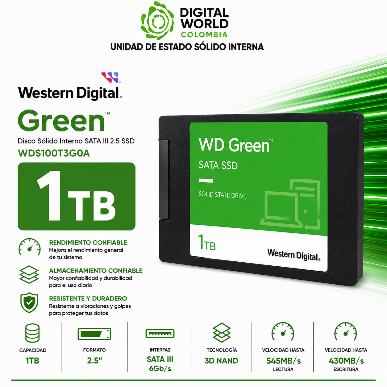 Disco Sólido Western Digital Green 1TB SATA III 2.5 SSD WDS100T3G0A