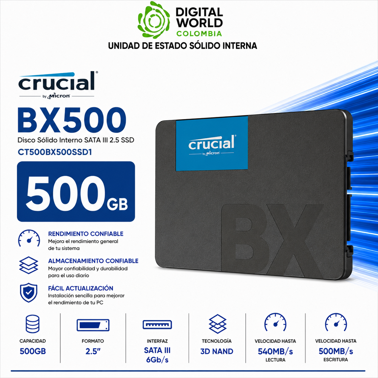 Disco Sólido Crucial BX500 500GB SATA III 2.5 SSD CT500BX500SSD1