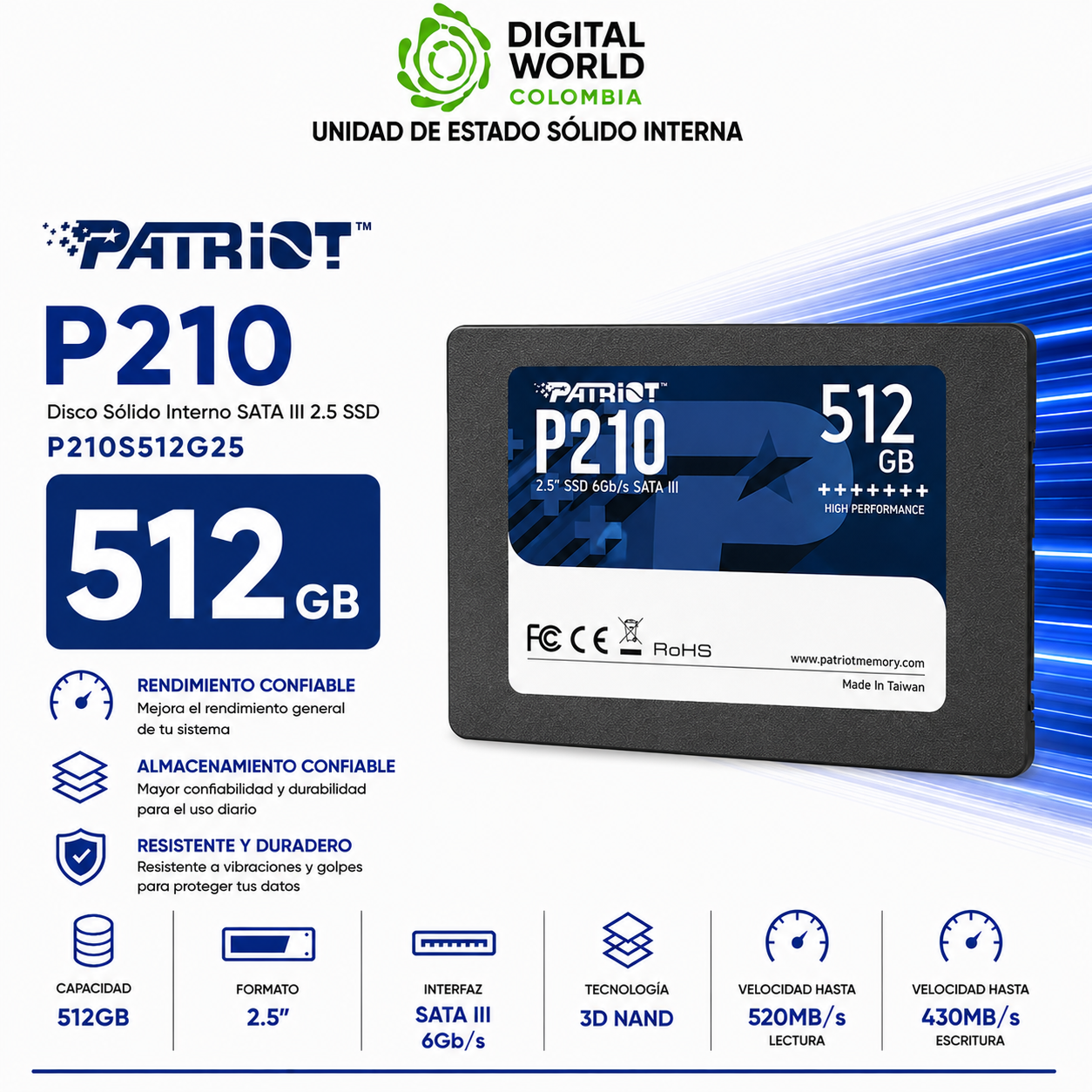Disco Sólido Patriot 512GB SATA III 2.5 SSD P210S512G25