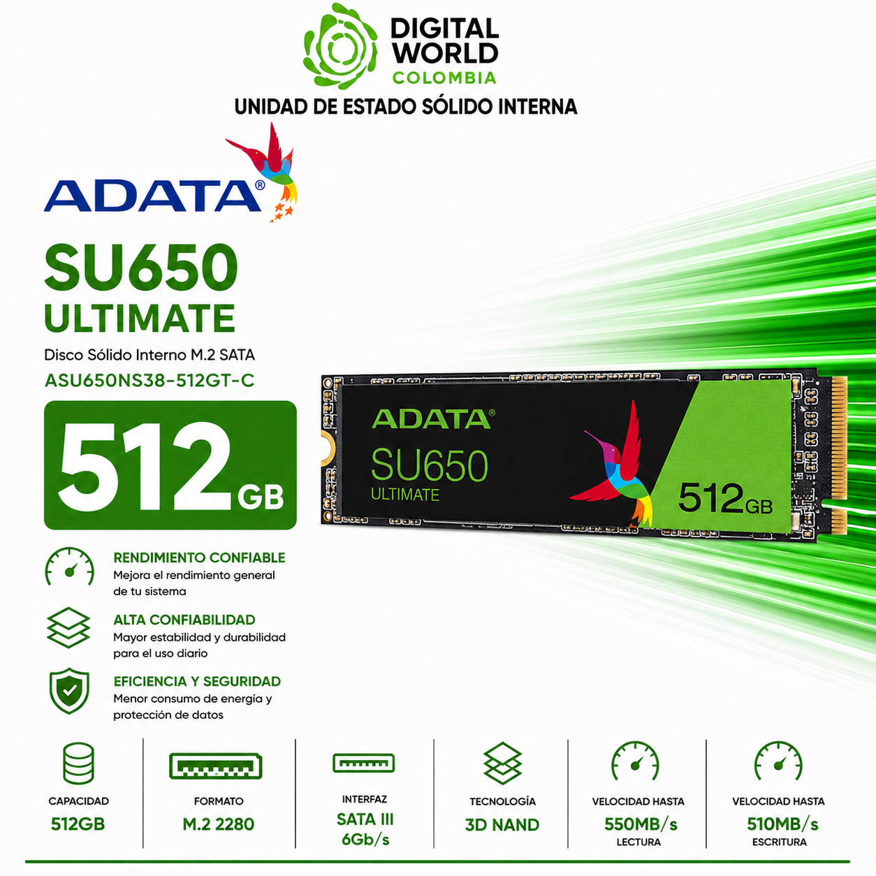 Disco Sólido ADATA SU650 Ultimate 512GB M.2 SATA SSD ASU650NS38-512GT-C