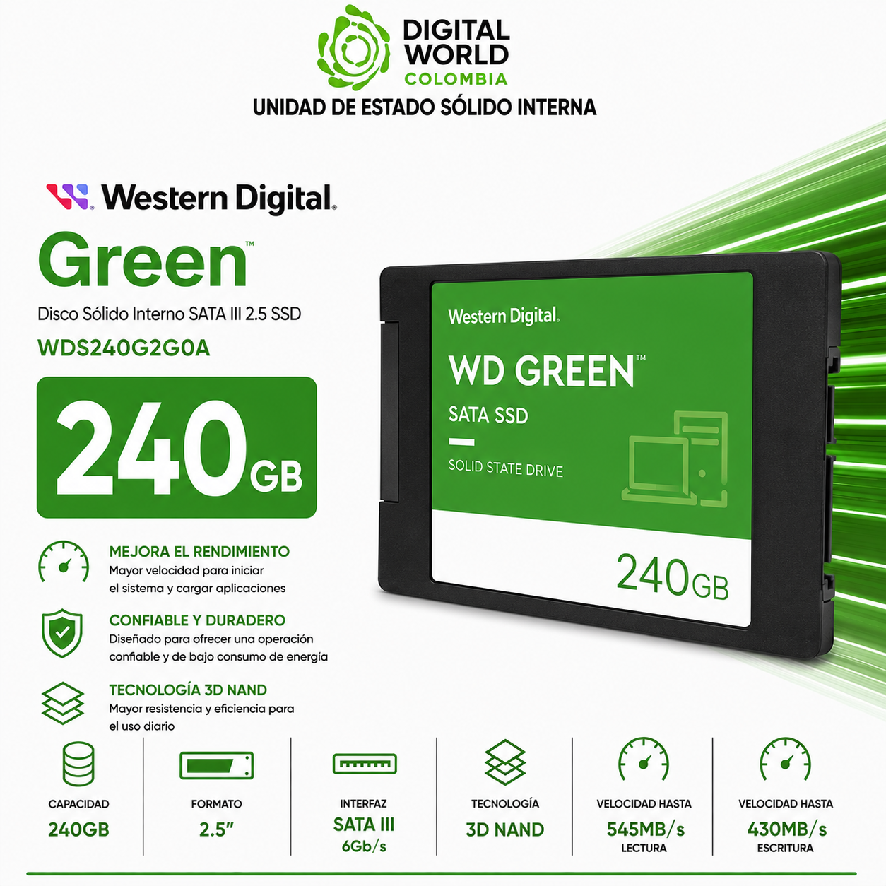 Disco Sólido Western Digital Green 240GB SATA III 2.5 SSD WDS240G2G0A