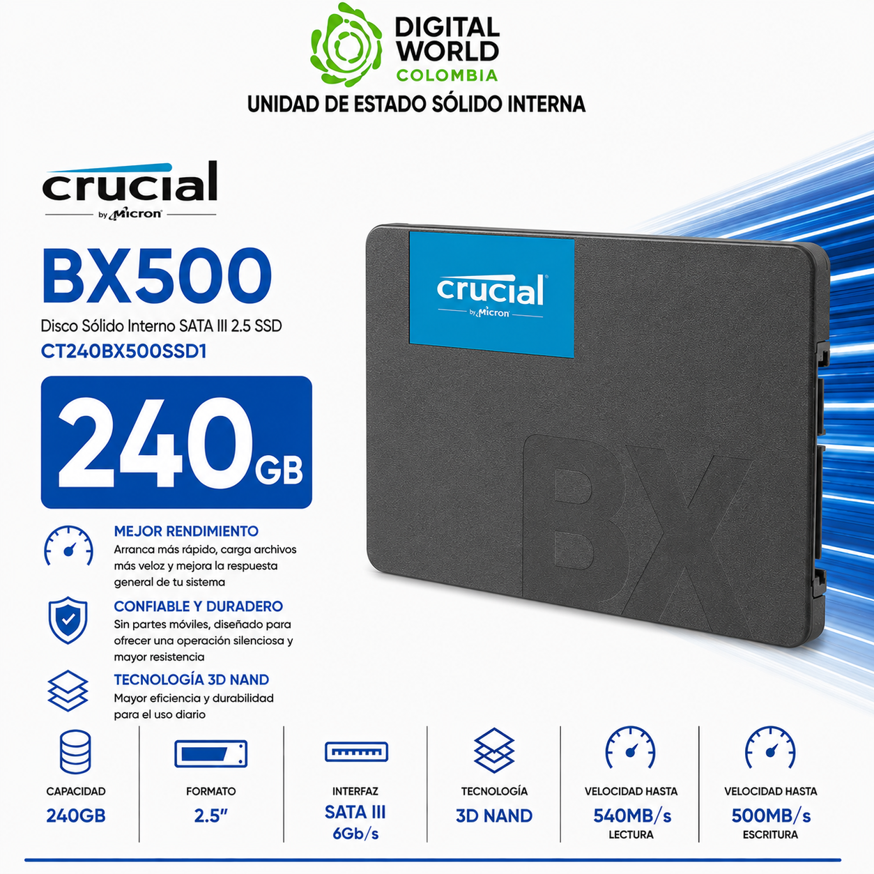 Disco Sólido Crucial BX500 240GB SATA III 2.5 SSD CT240BX500SSD1