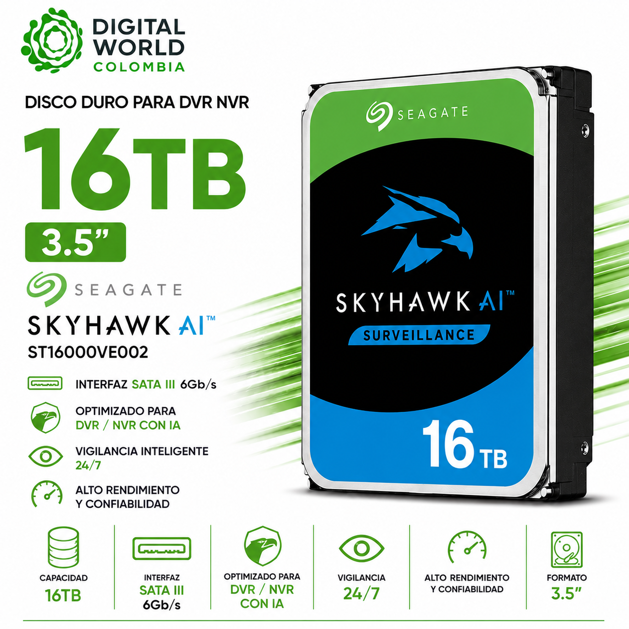 Disco Duro Seagate SkyHawk AI 16TB para DVR NVR 3.5 SATA III ST16000VE002