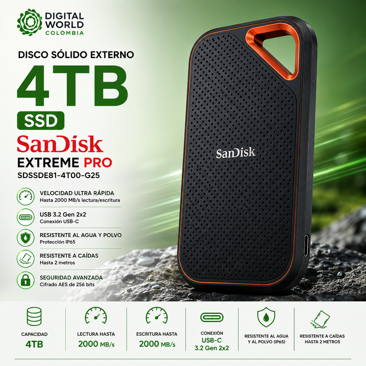 Disco Externo Sólido SanDisk Extreme PRO 4TB USB-C SSD SDSSDE81-4T00-G25