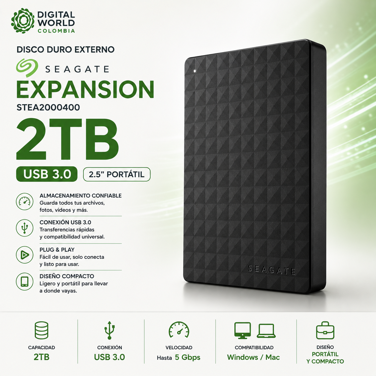 Disco Duro Externo Seagate Expansion 2TB USB 3.0 2.5 Portátil STEA2000400