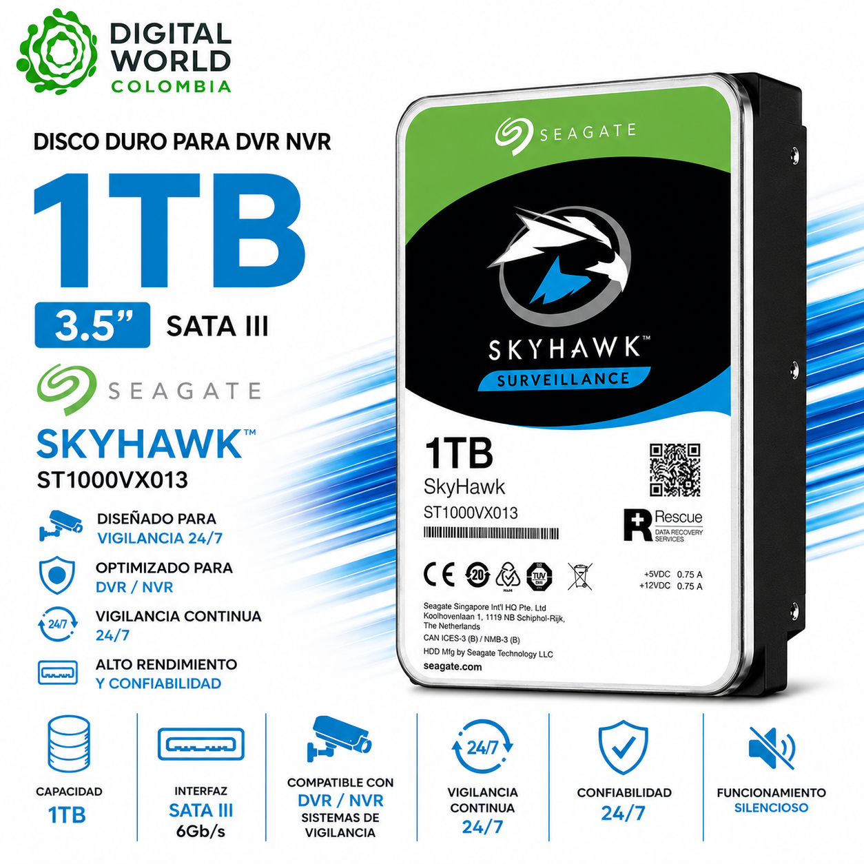 Disco Duro Seagate SkyHawk 1TB para DVR NVR 3.5 SATA III ST1000VX013