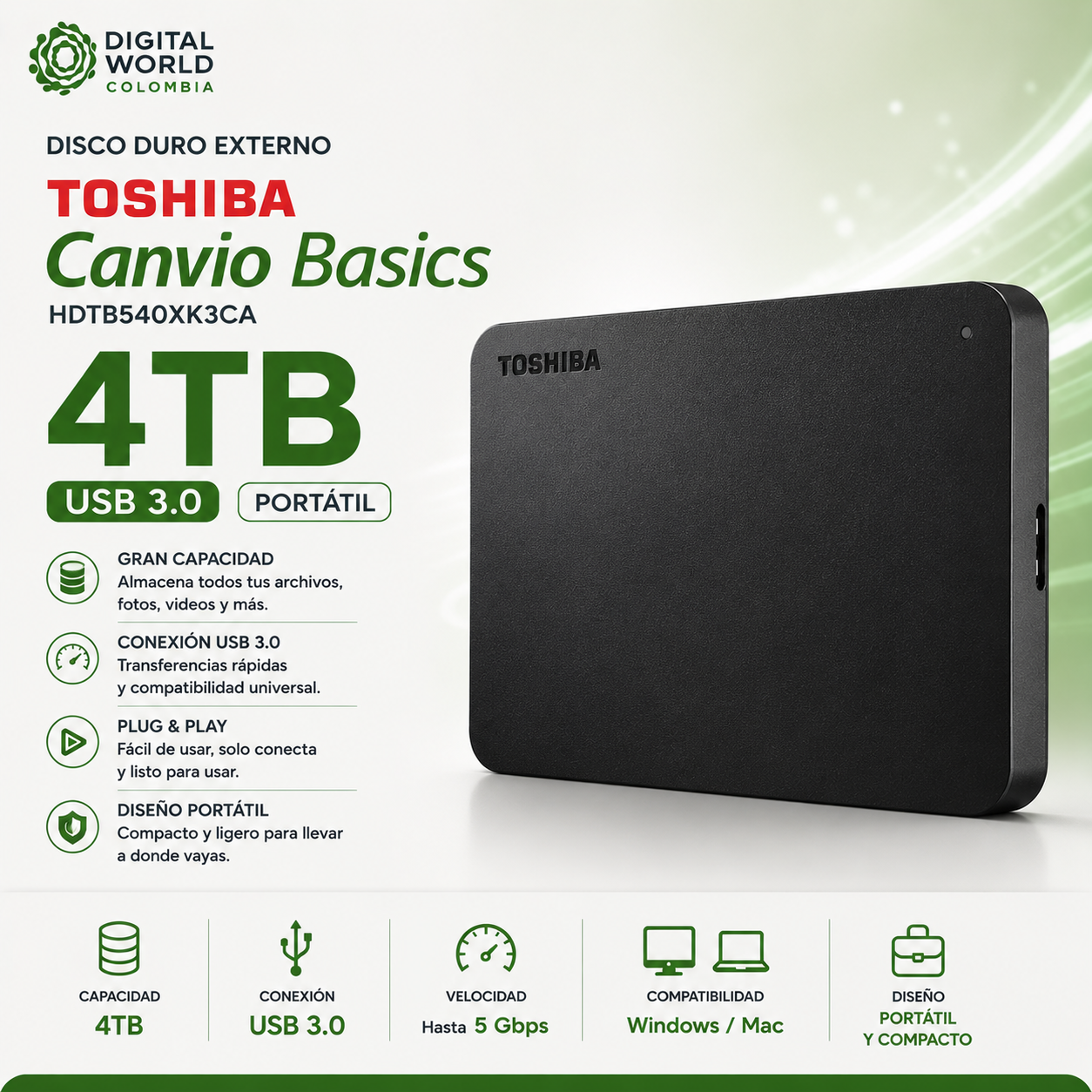 Disco Duro Externo Toshiba Canvio Basics 4TB USB 3.0 Portátil HDTB540XK3CA