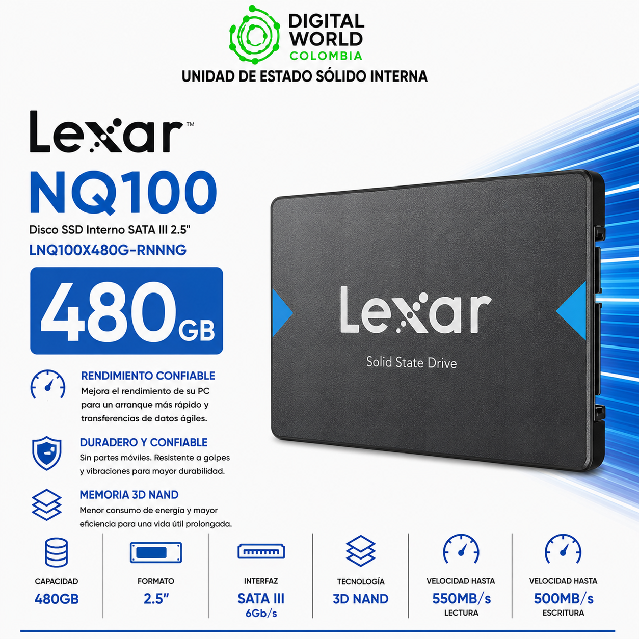 Disco SSD Lexar NQ100 480GB SATA III 2.5 SSD LNQ100X480G-RNNNG