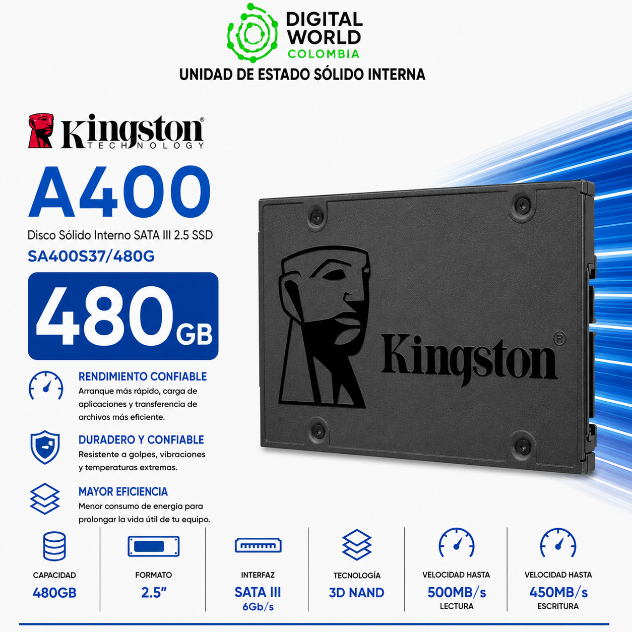 Disco Sólido Kingston A400 480GB SATA III 2.5 SSD SA400S37/480G