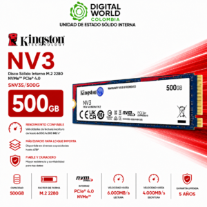 Disco Sólido Kingston NV3 500GB NVMe PCIe 4.0 M.2 SSD SNV3S/500G