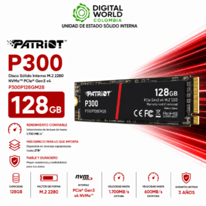 Disco SSD Patriot P300 128GB NVMe PCIe Gen3 M.2 SSD P300P128GM28