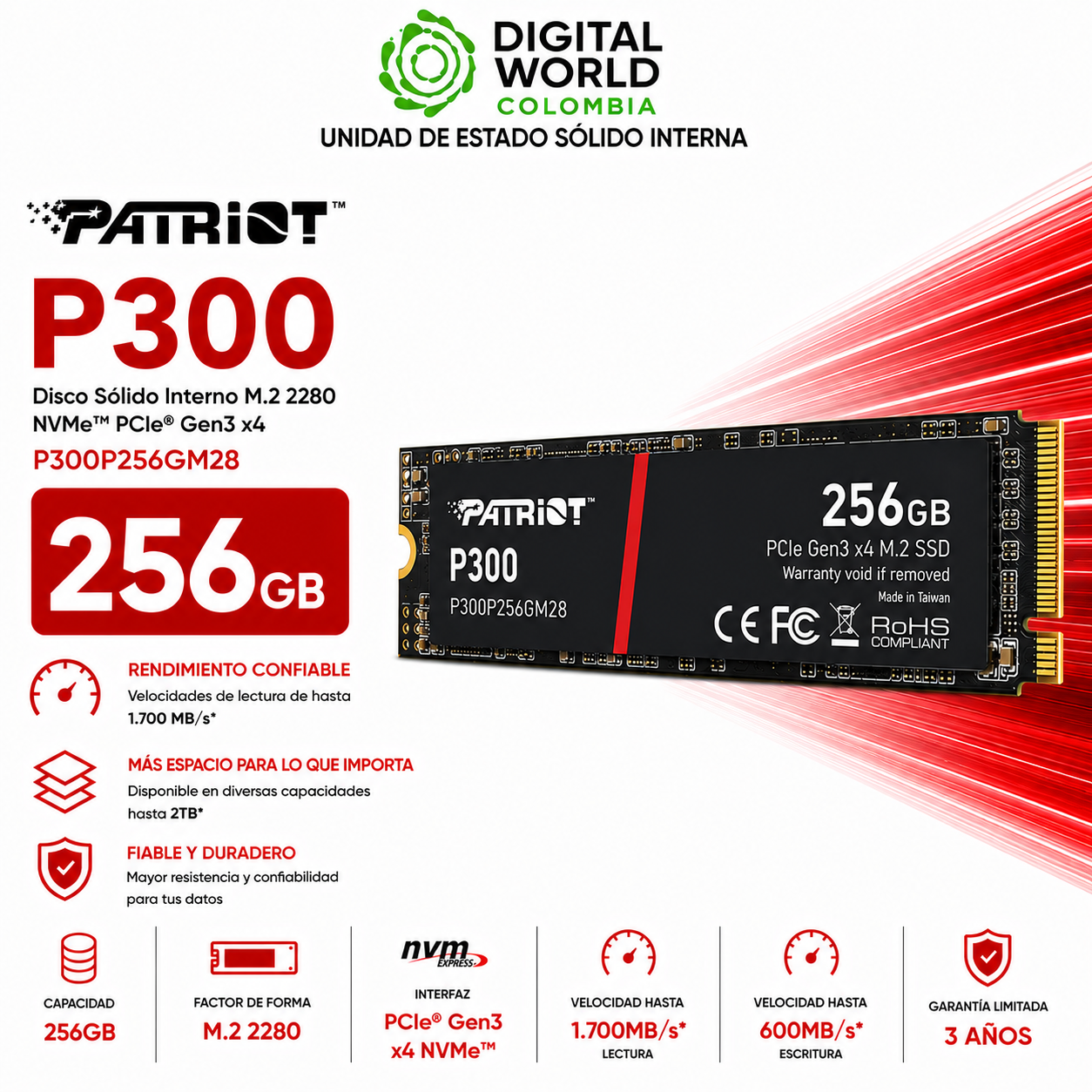 Disco SSD Patriot P300 256GB NVMe PCIe Gen3 M.2 SSD P300P256GM28