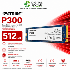 Disco SSD Patriot P300 512GB NVMe PCIe Gen3 M.2 SSD P300P512GM28