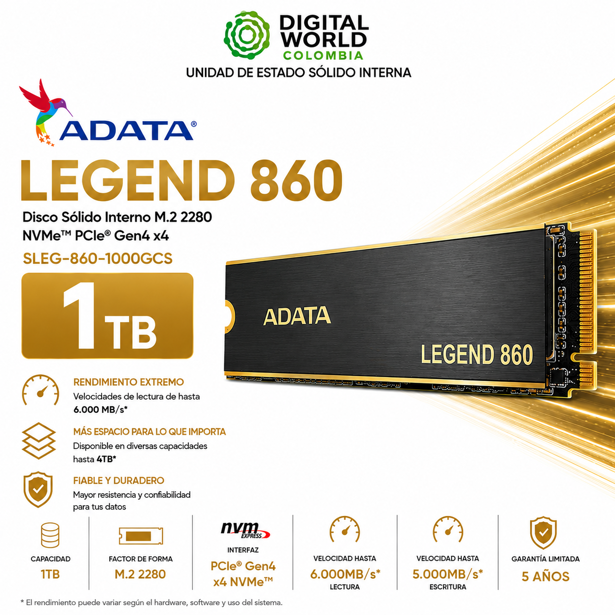 Disco Sólido ADATA LEGEND 860 1TB NVMe PCIe 4.0 M.2 SSD SLEG-860-1000GCS