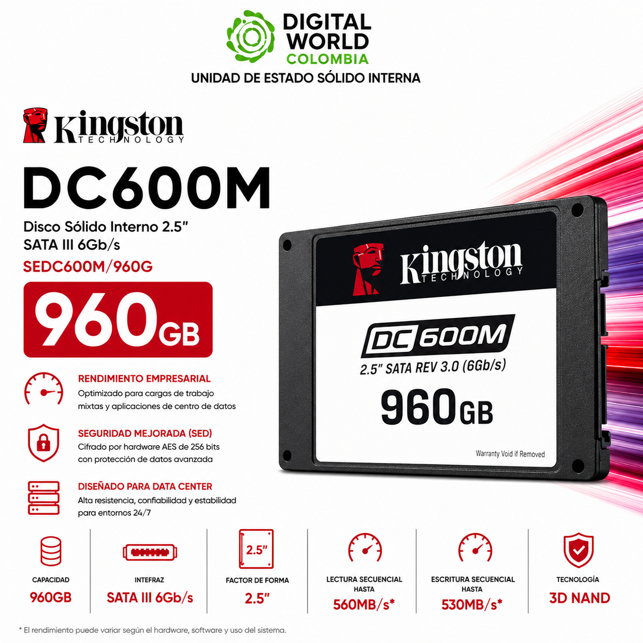 Disco Sólido Kingston DC600M 960GB Data Center SATA III 2.5 SSD SEDC600M/960G