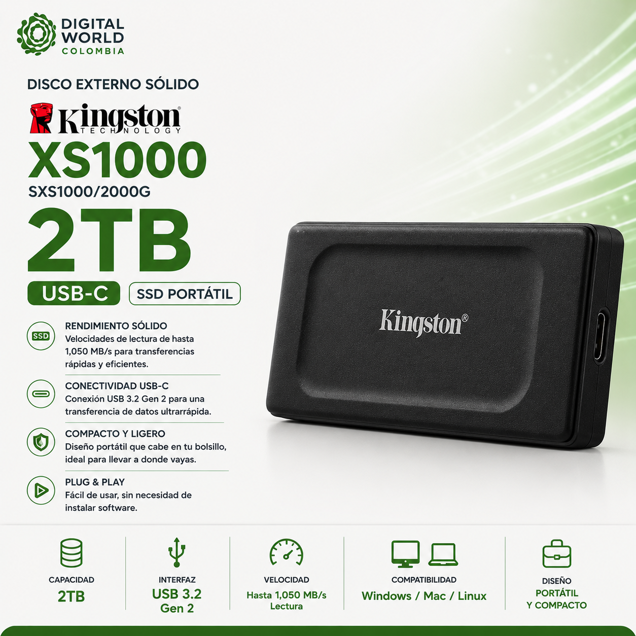 Disco Externo Sólido Kingston XS1000 2TB USB-C SSD SXS1000/2000G