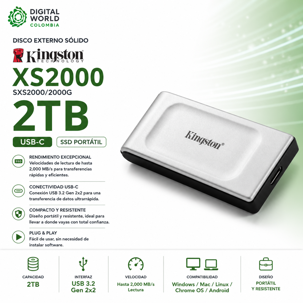 Disco Externo Sólido Kingston XS2000 2TB USB-C SSD SXS2000/2000G