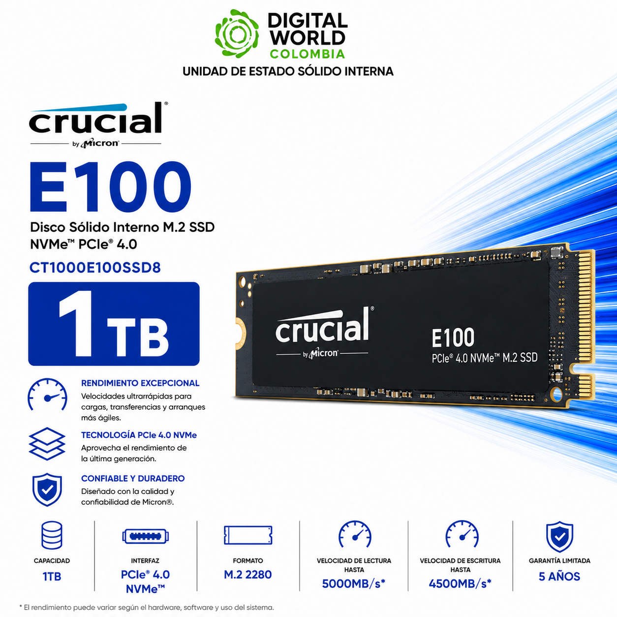 Disco Sólido Crucial E100 1TB NVMe PCIe 4.0 M.2 SSD CT1000E100SSD8