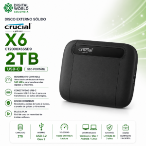 Disco Externo Sólido Crucial X6 2TB USB 3.2 Tipo-C SSD CT2000X6SSD9
