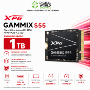 Disco Sólido XPG GAMMIX S55 1TB NVMe PCIe 4.0 M.2 2230 SSD SGAMMIXS55-1T-C