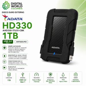 Disco Duro Externo ADATA HD330 1TB USB 3.2 Antigolpes AHD330-1TU31-CBK