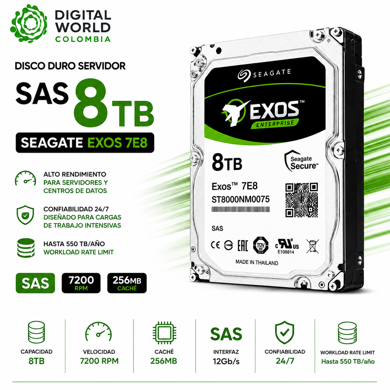 Disco Duro Seagate Exos 7E8 8TB SAS 12Gb/s 7200RPM 3.5" Enterprise ST8000NM0075