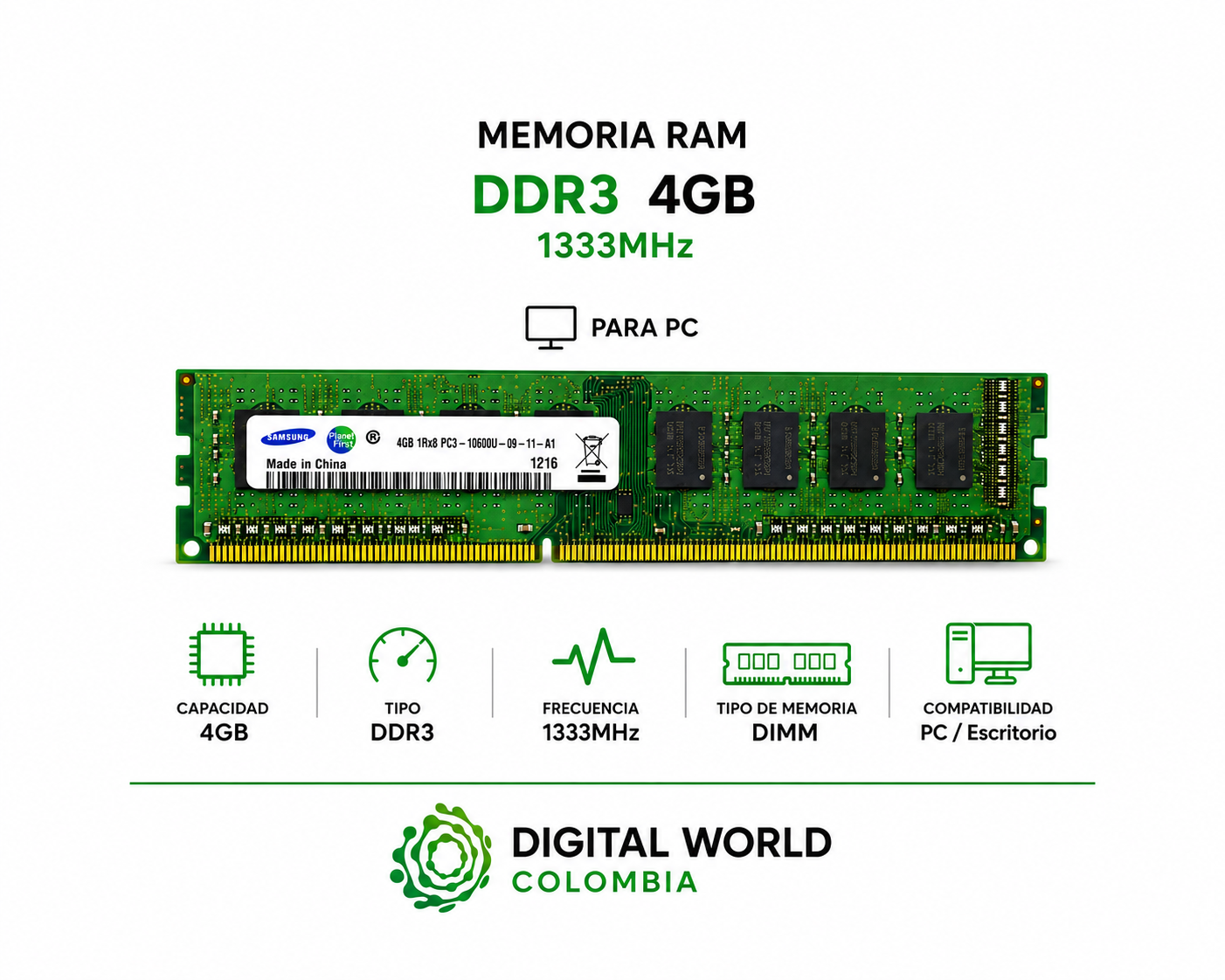 Memoria RAM DDR3 4GB 1333MHz Samsung para PC KVR1333D3N9/4G