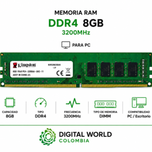 Memoria RAM Kingston DDR4 8GB 3200MHz para PC KVR32N22S8/8