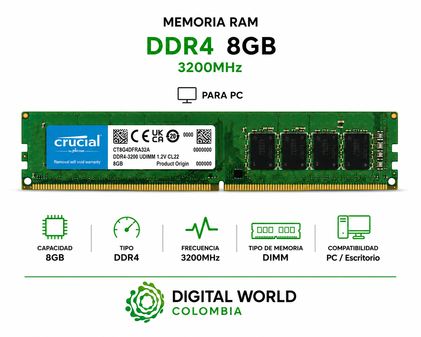 Memoria RAM Crucial DDR4 8GB 3200MHz para PC CT8G4DFRA32A
