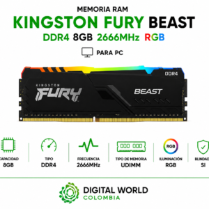 Memoria RAM Kingston Fury Beast DDR4 8GB 2666MHz Blindada Gamer RGB para PC KF426C16BB/8