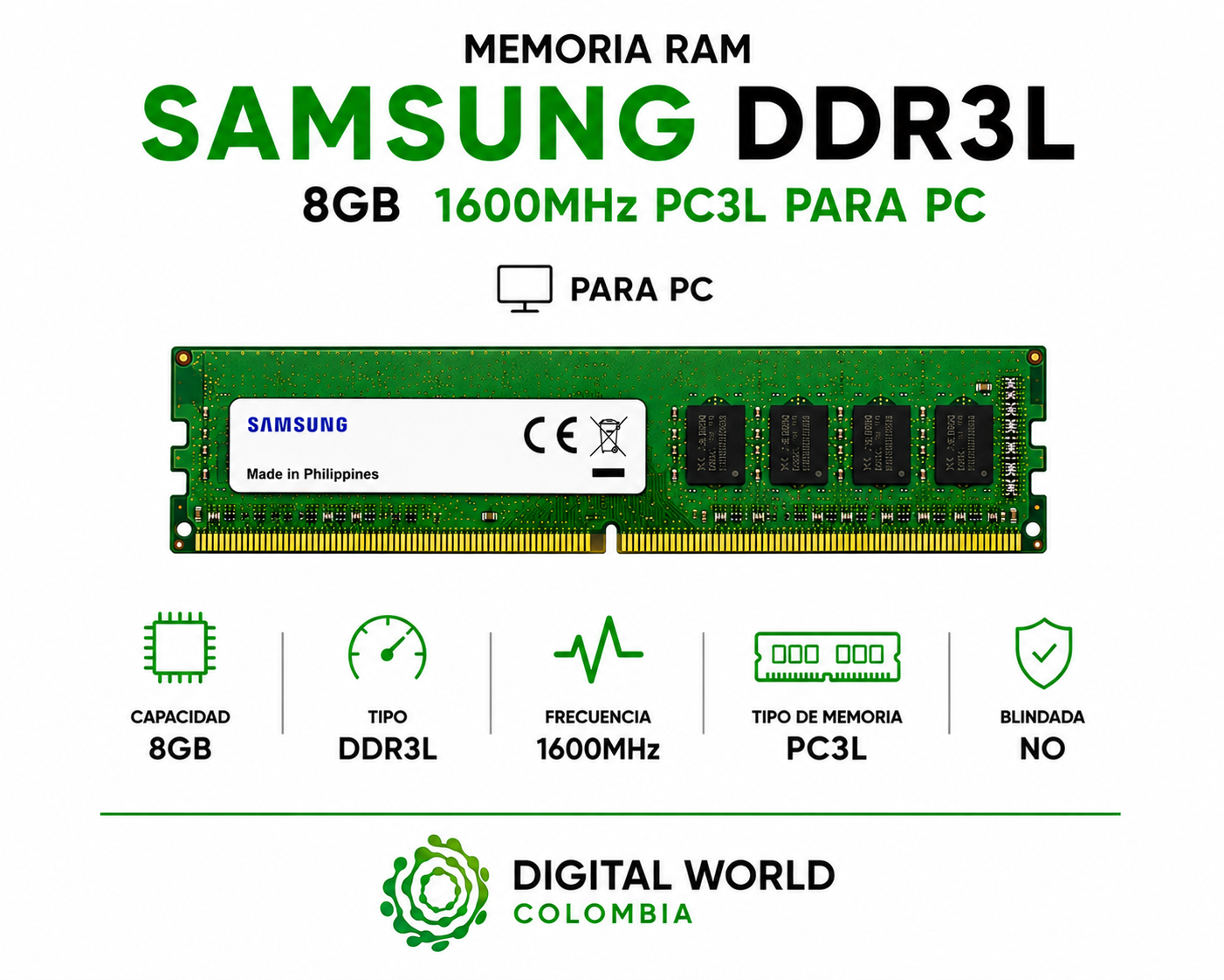 Memoria RAM Samsung DDR3L 8GB 1600MHz PC3L para PC M378B1G73QH0-YK0