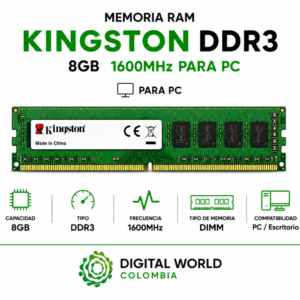 Memoria RAM Kingston DDR3 8GB 1600MHz para PC KVR16N11/8