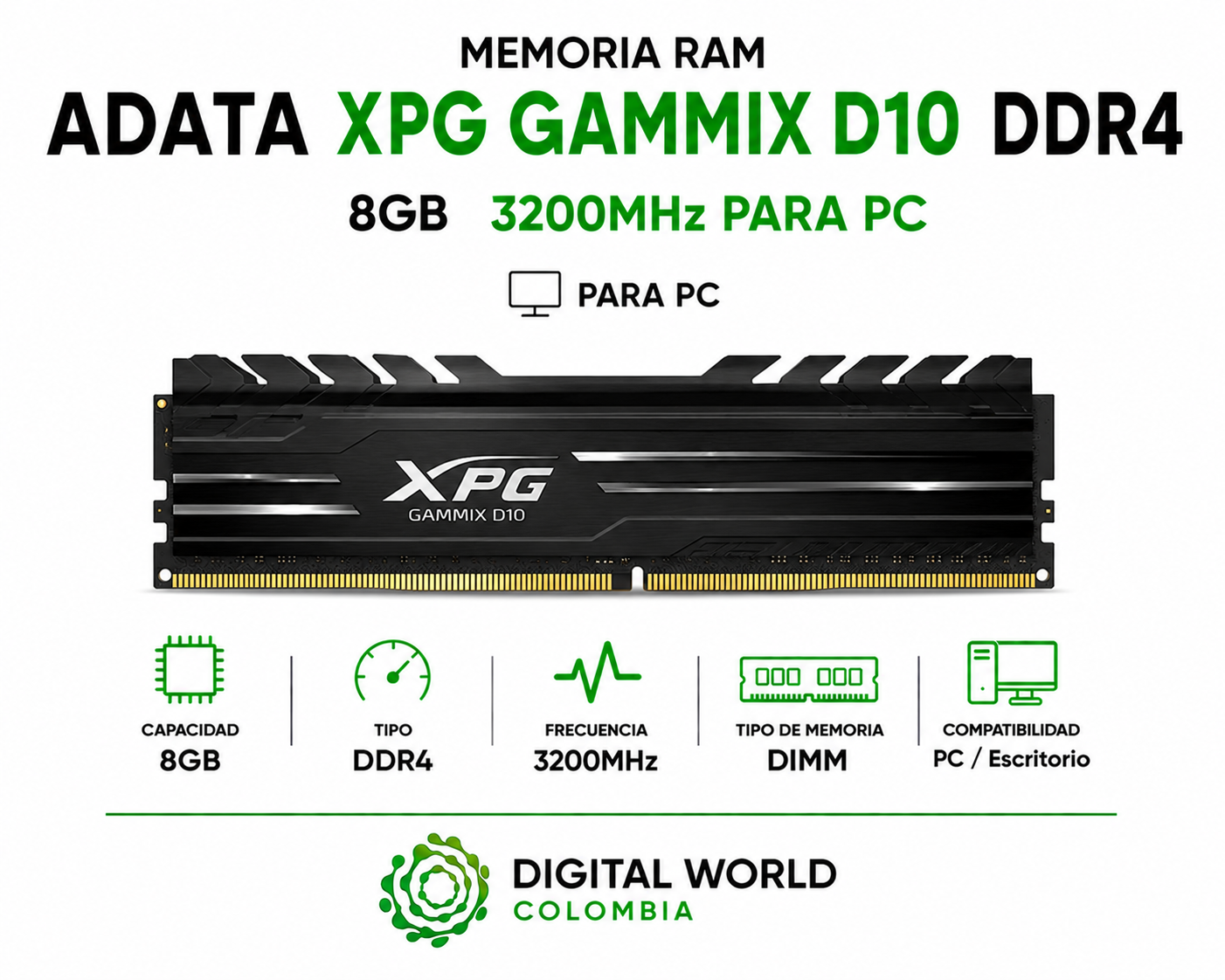 Memoria RAM ADATA XPG Gammix D10 DDR4 8GB 3200MHz Blindada Gamer para PC AX4U320038G16A-SB10