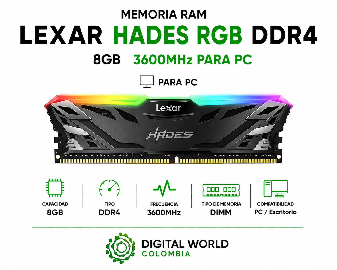 Memoria RAM Lexar Hades RGB DDR4 8GB 3600MHz Blindada Gamer para PC LD4BU008G-R3600GSST