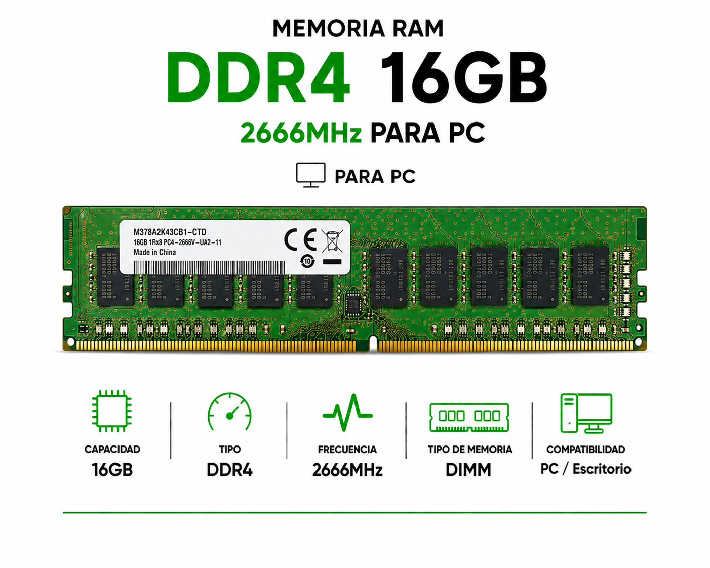 Memoria RAM Samsung DDR4 16GB 2666MHz para PC M378A2K43CB1-CTD