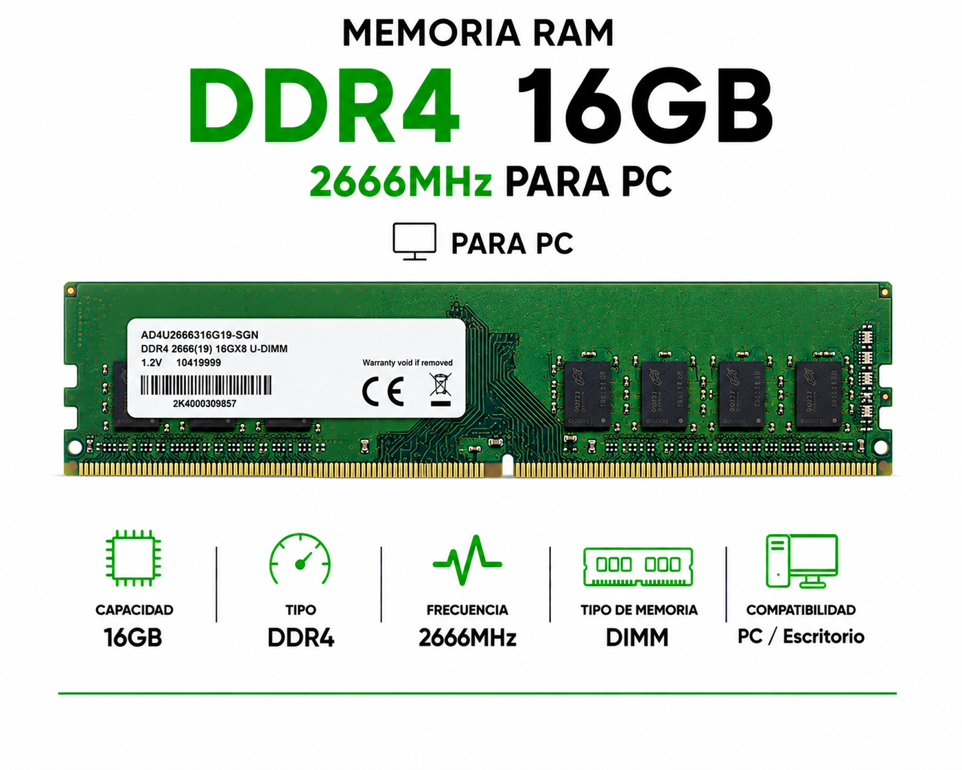 Memoria RAM ADATA DDR4 16GB 2666MHz para PC AD4U2666316G19-SGN