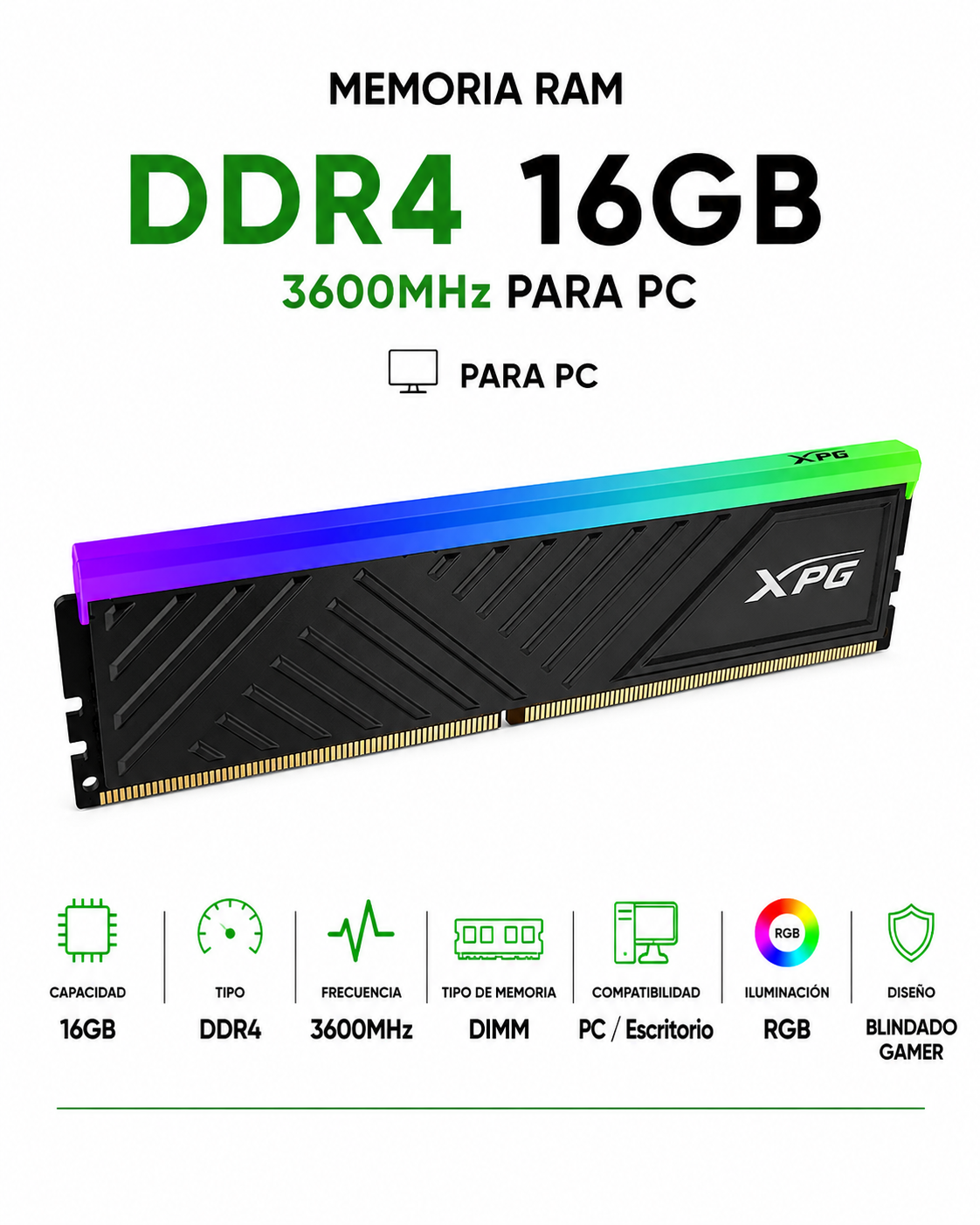 Memoria RAM ADATA XPG Spectrix D35 RGB DDR4 16GB 3600MHz Blindada Gamer para PC AX4U360016G18I-SBKD35G
