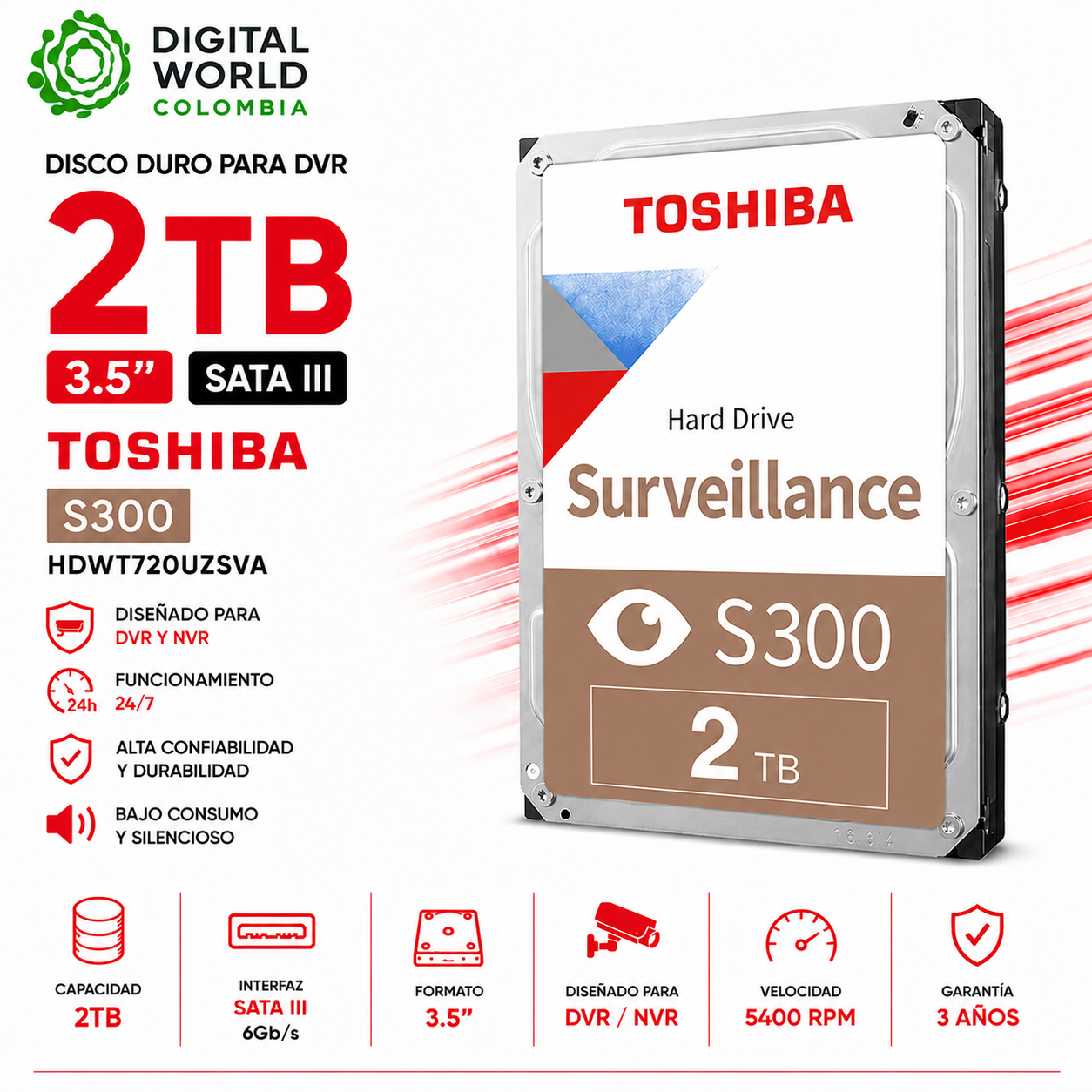 Disco Duro 2TB para DVR Toshiba S300 3.5" SATA 3 HDWT720UZSVA