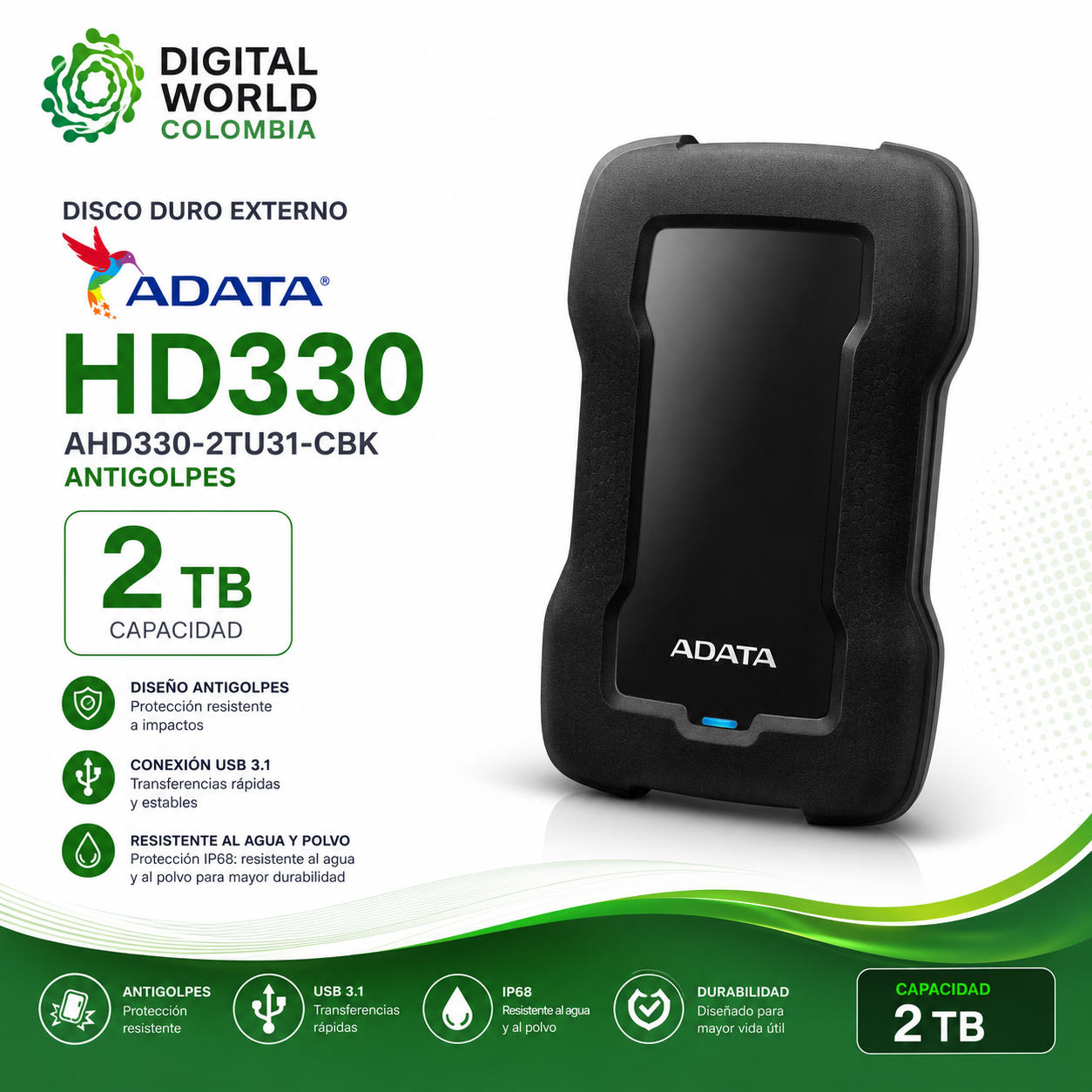 Disco Duro Adata Externo HD330 2Tb Antigolpes AHD330-2TU31-CBK