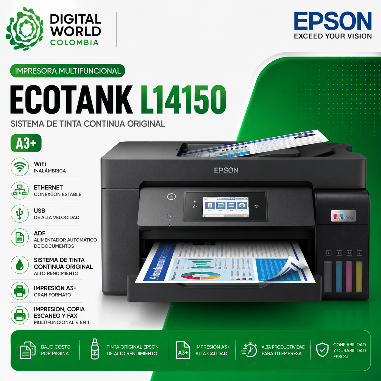 Impresora Multifuncional Epson EcoTank L14150 Sistema de Tinta Continua Original A3 y WiFi Ethernet USB ADF