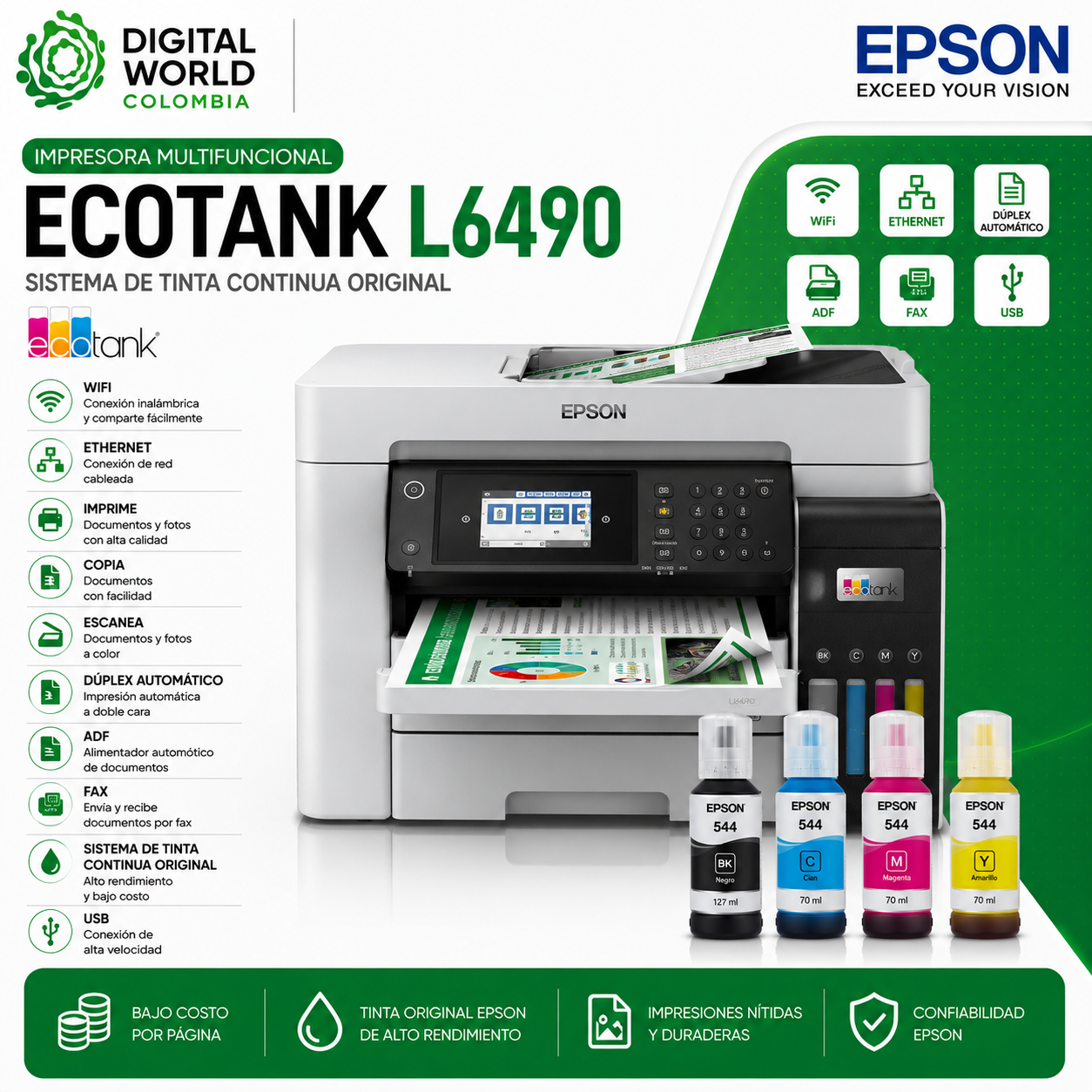 Impresora Multifuncional Epson EcoTank L6490 Sistema de Tinta Continua Original WiFi Ethernet USB Dúplex ADF Fax