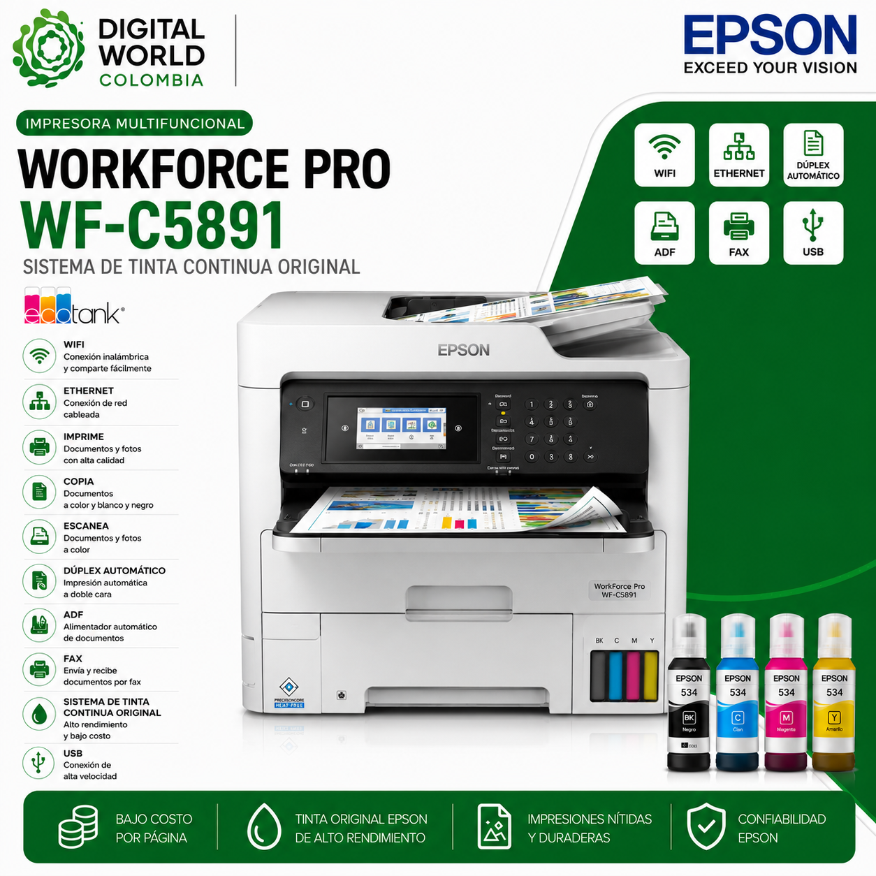 Impresora Multifuncional Epson WorkForce Pro WF-C5891 Color WiFi Ethernet USB Dúplex ADF Fax