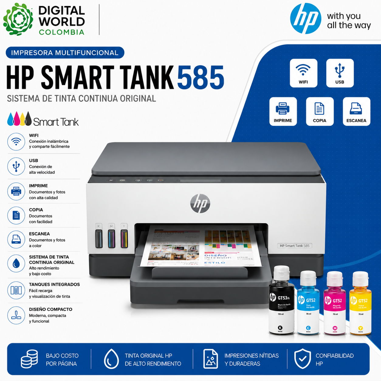 Impresora Multifuncional HP Smart Tank 585 Sistema de Tinta Continua Original WiFi USB