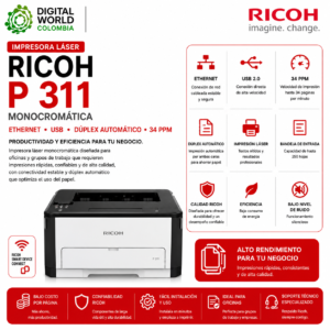 Impresora Láser Ricoh P 311 Monocromática Ethernet USB Dúplex Automático 34 PPM